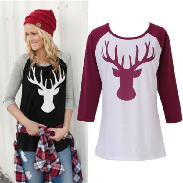

women loose long sleeve deer elbow patch printed autumn blouse t shirt xmas, White