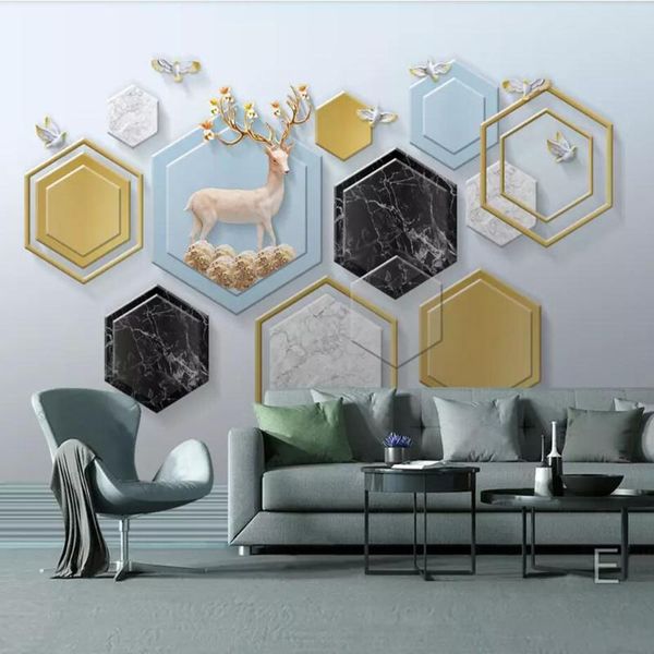 

drop shipping custom 3d wallpaper mural 3d modern minimalist geometric marble elk fortune tree wall decoration wallpaper
