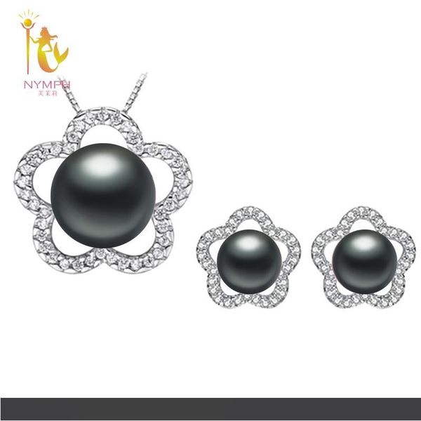 

нимфа]натуральный жемчуг ювелирные наборы настоящая пресноводная жемчужина ожерелье кулон серьги черный свадебный подарок для девушки звезд, Black