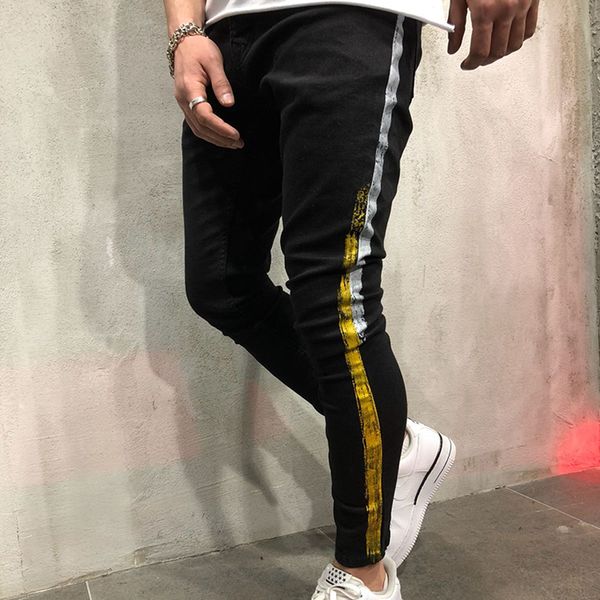 

skinny pencil jeans men side striped paint slim fit pants hip hop black biker denim stretch jeans new cotton trousers streetwear, Blue