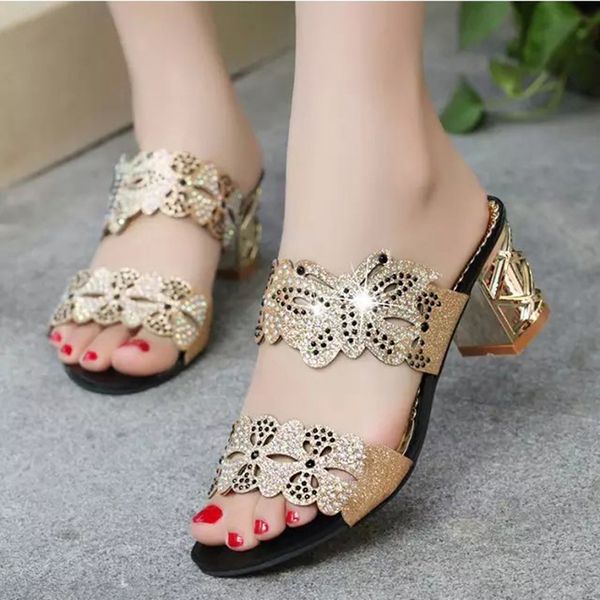 

new sandals women hgih heels open toe crystal slipper women sandals summer casual flip flops, Black