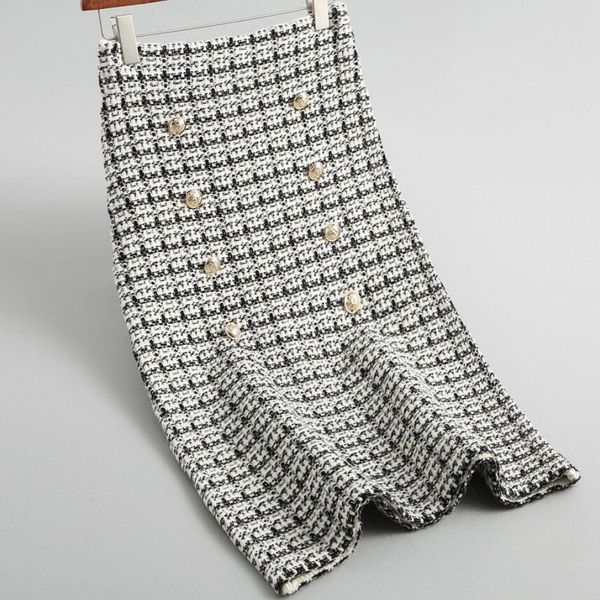 

spring autumn new tweed women's skirt elegant office double breasted plaid knitted vintage package hip skirt, Black