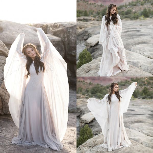 

2019 bohemian wedding dresses lace neck long bell sleeves sweep train boho beach wedding dress custom made plus size country bridal gowns, White