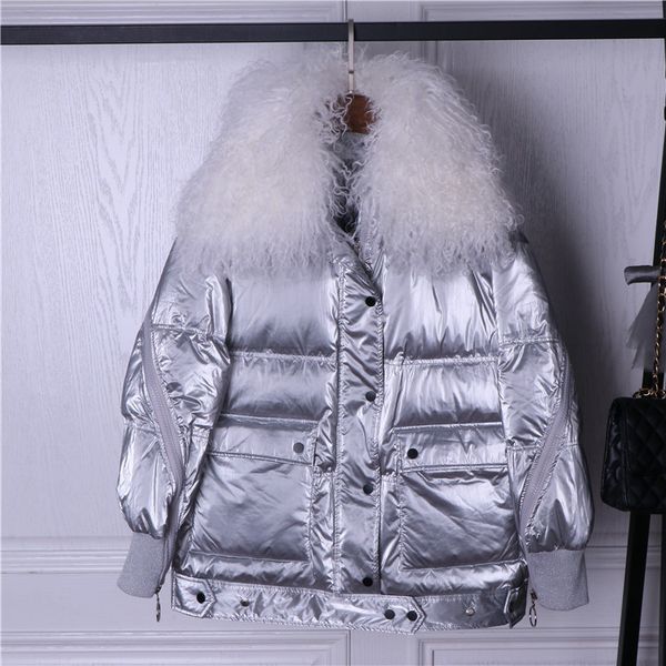 

winter 2018 new down jacket women's medium and long loose bright face fashion europe station lamb collar coat 90302, Black