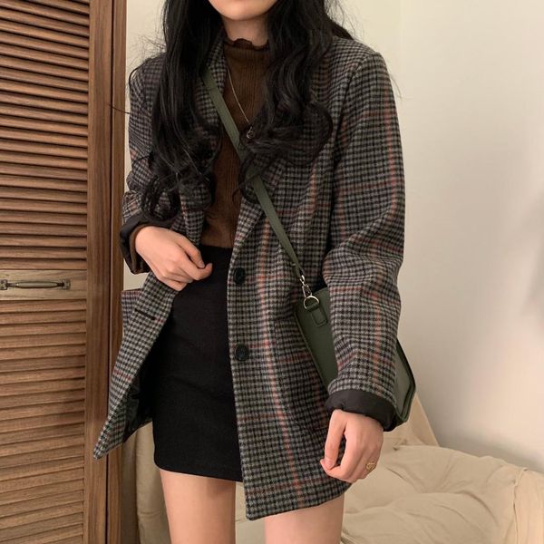 

korean chic fashion loose cotton blazer women's lapel collar coat long sleeve casual plaid blazer outerwear, White;black