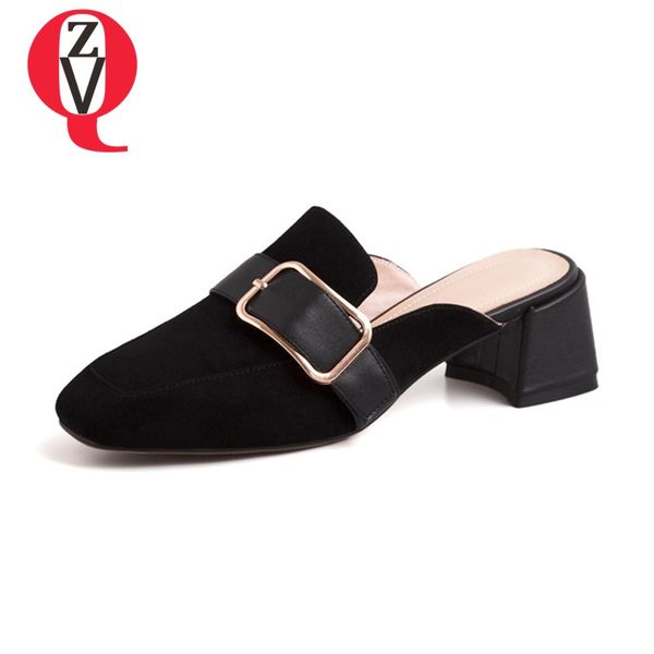 

zvq fashion brand woman muller slippers 2019 summer square toe women 4.5 cm middle shoes ladies casual date slippers size 33-40, Black