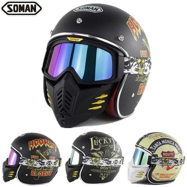 

soman motorcycle retro vintage helmets with face mask goggles open face helmet dot 3/4 helmet motorcycle motorbike sm512