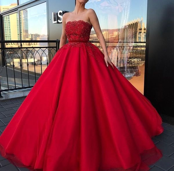 

2020 red prom dresses lace appliqued beads strapless satin formal evening gowns floor length custom made ceremony party dress, Black;red