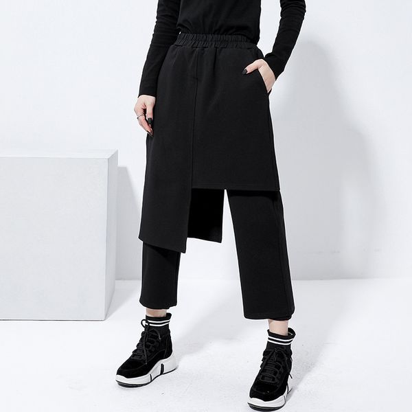 

elastic waist black false two split joint trousers new loose fit pants women fashion tide spring autumn 2020 irregular boot pant, Black;white