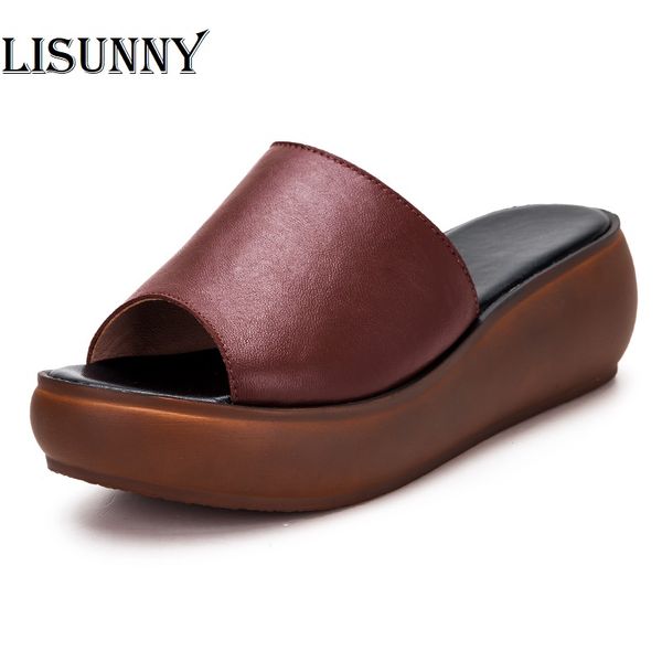 

lisunny women slippers summer 2020 casual shoes genuine leather wedges platform slippers women sandals high heel slides, Black