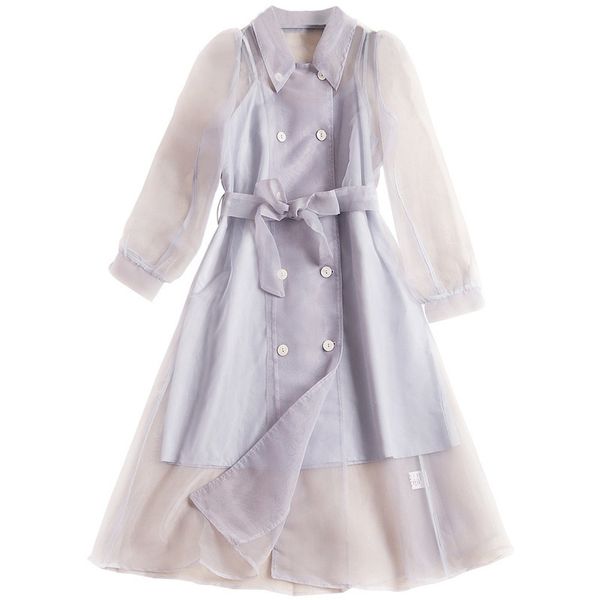 

summer european runway women organza trench coat double-breasted belt dress turn-down collar long coats outerwear, Tan;black