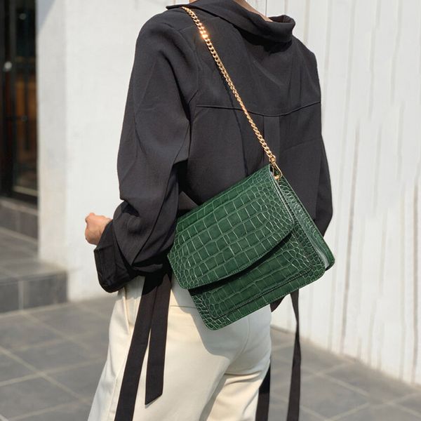 

chic chain crocodile women's shoulder bags vintage black alligator crossbody bags for women pu leather designer square handbag