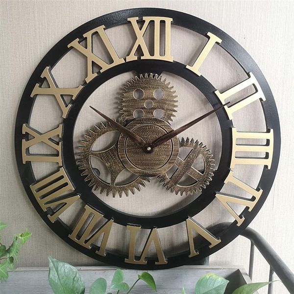 

retro industrial wind gear wooden wall clock vintage european style living room large classic golden roman numeral home clock