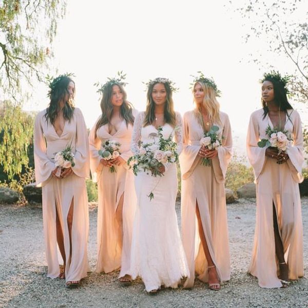 

chic champagne country bridesmaid prom evening dresses with long juliet sleeve slits chiffon long wedding party bridesmaid dress cheap, White;pink