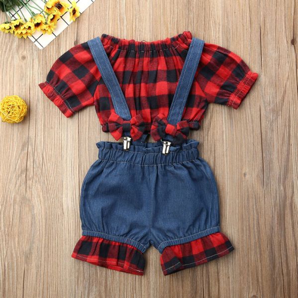 

рождество малышей девочка одежда puff короткий рукав o-образный вырез плед tops + denim биб брюки комбинезоны мода эпикировка нового прибыти, White