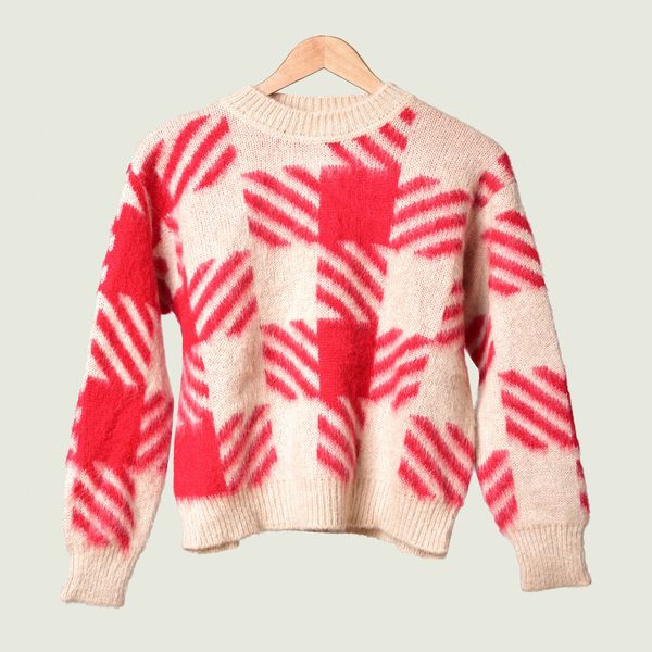 2019 outono outono manga longa em torno do pescoço vermelho impressão xadrez mohair malha pullover sweater bf estilo de moda frouxe om1115105s