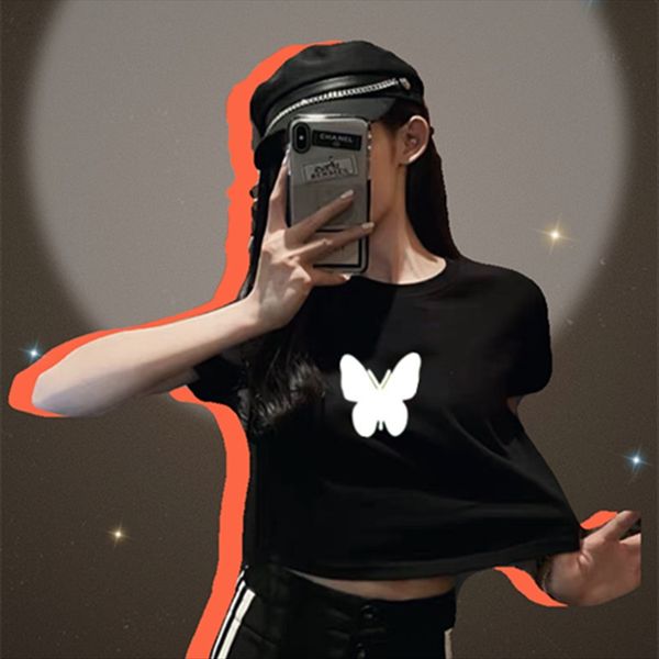 

212# luminous loose t-shirt butterfly butterfly short short-sleeved t-shirt female 2020 lovers girlfriends ins, White