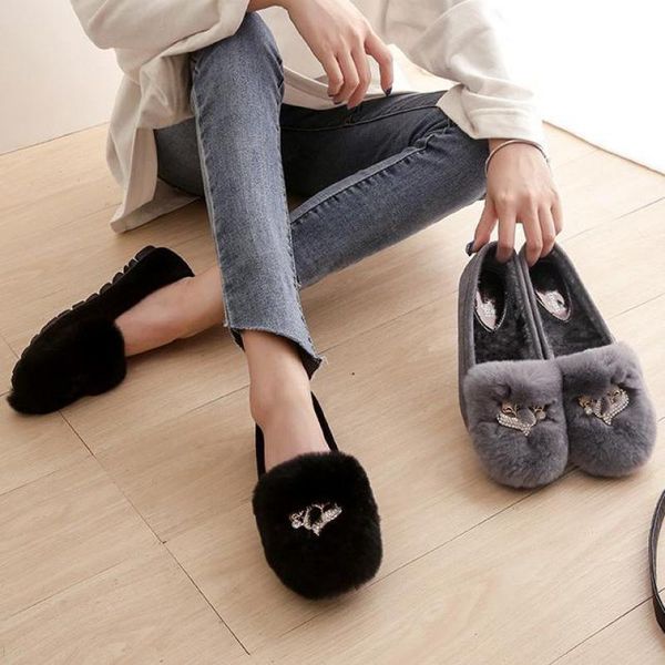 

women's winter loafers warm shoes moccasin fur ballet shoes plush flats slip on footwear lady round toe large size zapatos mujer, Black