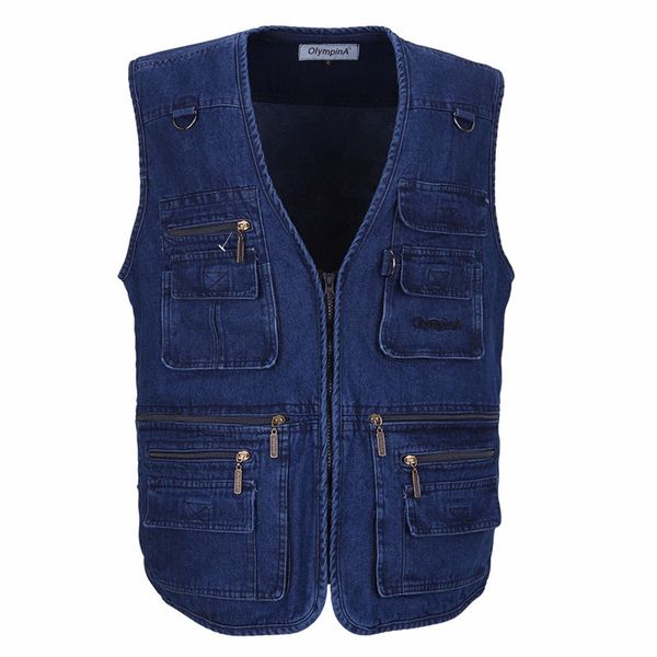 

denim men vest sleeveless jackets blue casual fishing vest with multi pockets plus size outdoors waistcoat male outerwear, Black;white
