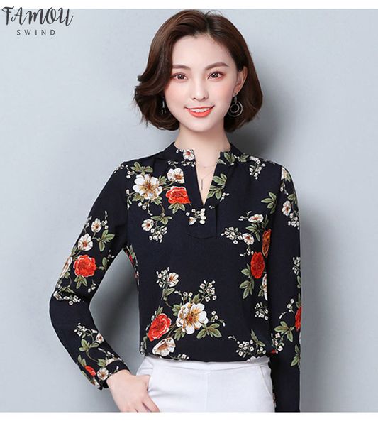 

2020 fashion print chiffon blouse women shirt long sleeve plus size women stripe ol blouse womens clothing blusas h4, White