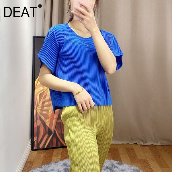 

deat] 2020 pleated short sleeve round collar high elastic loose wild solid casual tshirt women new summer fold clothing ar212, White