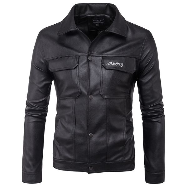 

aowofs ouma new style men locomotive leather coat lettered embroidered leather jacket coat 2-color d105, Black