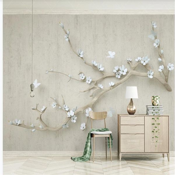 

3d wallpaper for room relief new chinese style branch plum butterfly 3d stereo background wall painting
