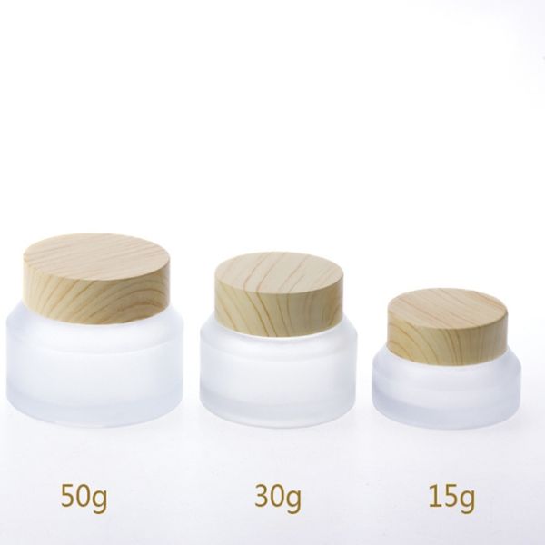 

100pcs/lot 15g 30g 50g jars for creams cosmetic can set empty wood grain frosted glass portable cream box glass container f408