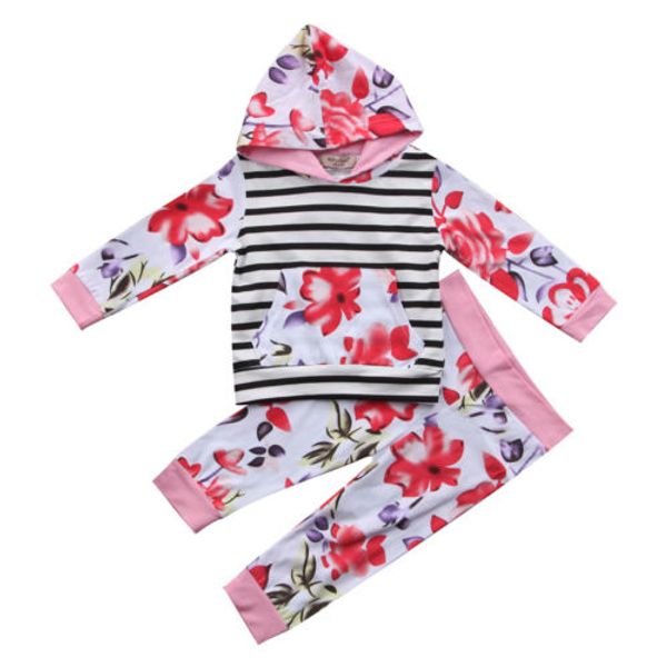 

цветочный малыш дети девочка цветочные полосы одежда с капюшоном топы пальто брюки осенние наряды набор, White