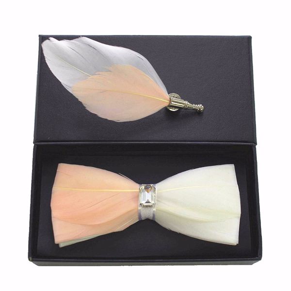 

handmade mens light pink feather leather luxury bow tie brooch set pre-tied bow tie for wedding party clothing accessories, Blue;white