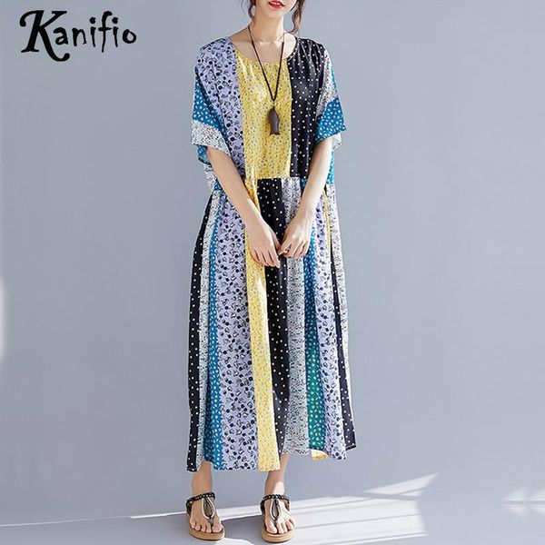 

kanifio summer 2019 повседневная свободное платье с принтом женщины плюс размер хлопок белье богемный пляж макси длинные платья женские плат, Black;gray