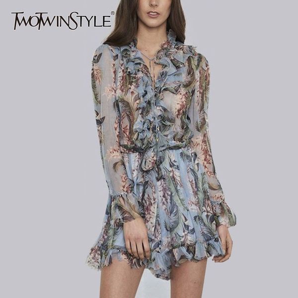 

twotwinstyle print playsuits female lace up v neck flare sleeve tunic high waist ruffles mini jumpsuits 2019 summer thin sweet, Black;white