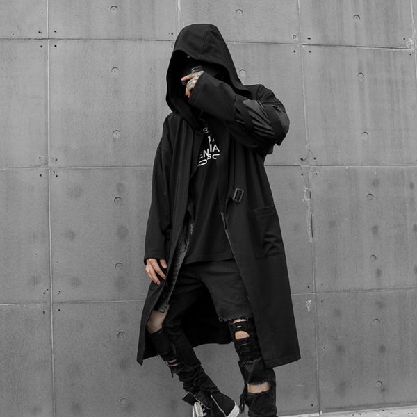 

men hollow out sleeve loose long hooded trench coat cardigan male punk gothic streetwear hip hop black outerwear windbreaker, Tan;black