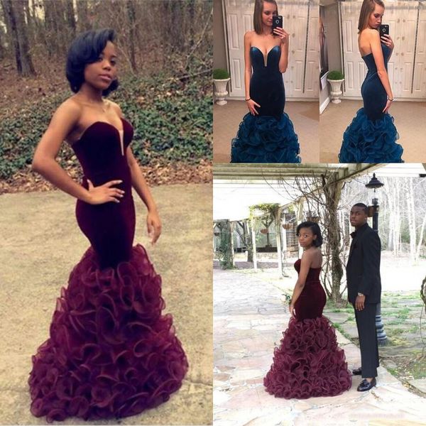 

2019 burgundy mermaid prom dresses african aso ebi valvet sweetheart ruffles tiered skirts backless long evening celebrity gowns newest, Black
