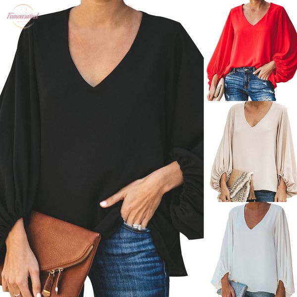 

laamei 2020 womens casual sweet and cute solid loose shirt casual lantern sleeve balloon sleeve v neck female blouse, White