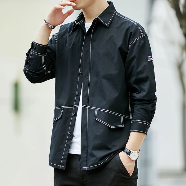

100% cotton shirt men sewing striped loose casual shirt male fake pocket solid washed breathable beige white basic shirts man, White;black