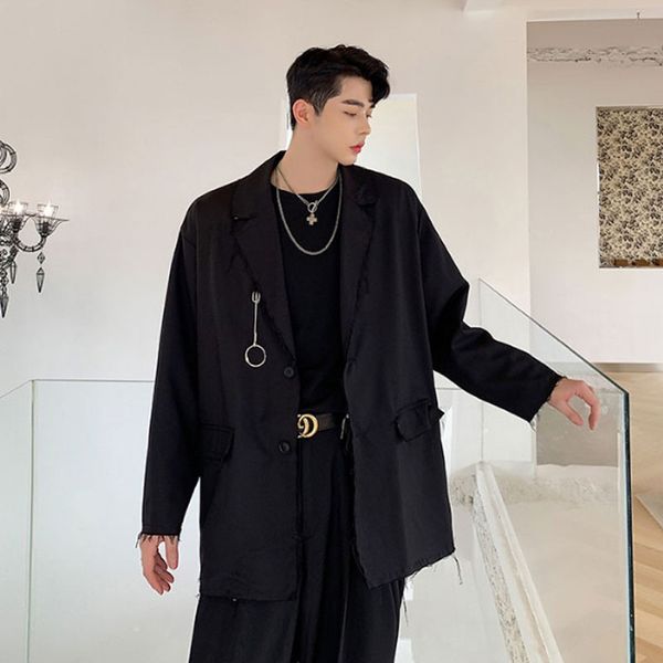 

men metal pin loose casual blazers coat vintage fashion male streetwear hip hop suit jacket outerwear, White;black