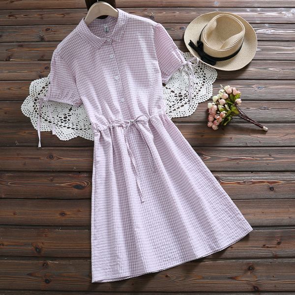 

2019 summer new cotton vintage art commuter stripe bow button elastic waist plaid lapel short sleeve dress, Black;gray