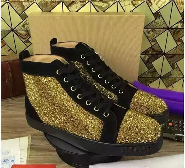 

new 2018 mens womens black suede leather with gold rhinestones red bottom high sneakers,designer brand causal sports shoes 36-46
