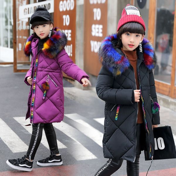 

2019 girls clothing cotton-padded outerwear coat winter children warm clothes fashion parka multicolour fur collar jacket 3-16 y, Blue;gray