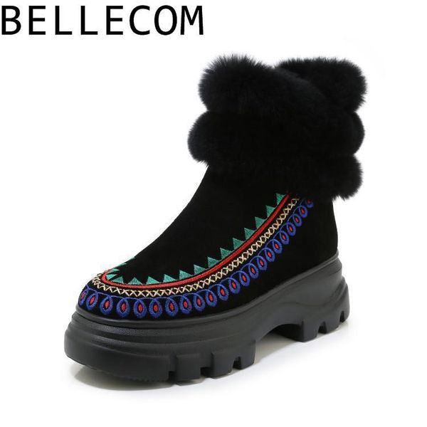 

bellecom thick bottom muffin snowfield boots woman 2020 winter increase short canister cotton-padded shoes embroidered genuine, Black