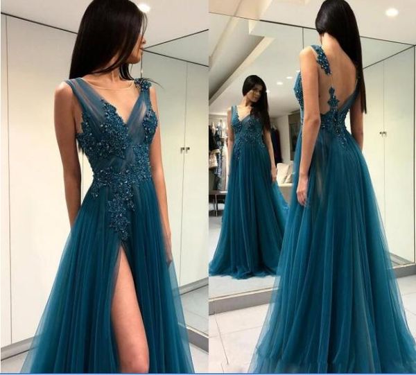 

backless prom dresses with appliques beads sheer neck jewel side split homecoming dresses tulle floor length formal evening dress, Red
