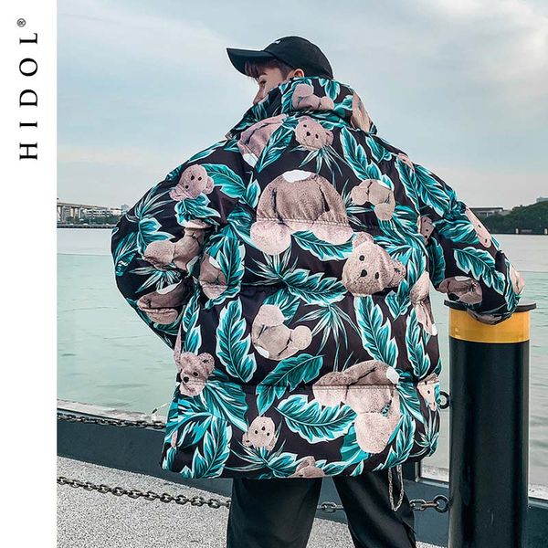 

winter thick oversize flora parka coats vintage leaf bear pattern print zipper hooded jacket men lovers couple swag green/white, Black