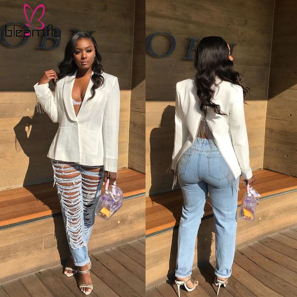 

autumn winter blazer 2019 long sleeve winter outfit tassel clothing v neck white black for women club design outerwear