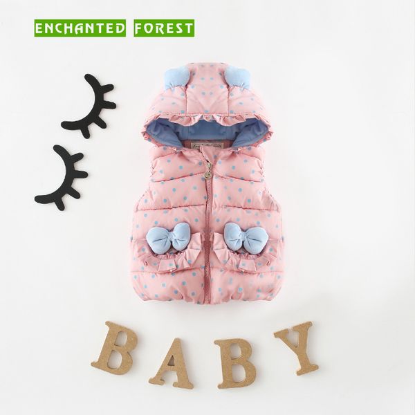 

девушка жилет 2018 осень и зима новых детей хлопка жилет девочек теплый ребенок дот с капюшоном пальто на вате детская одежда, Blue