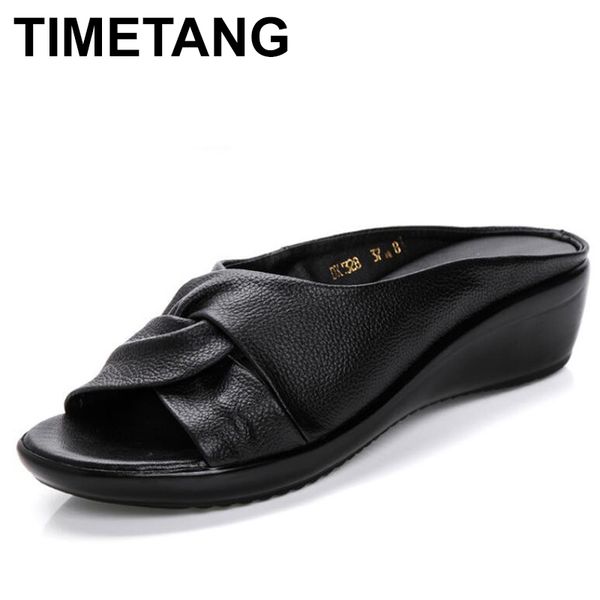 

timetang summer new leather wedges sandals comfort mother shoes woman platform flip flops slip on creepers flats c195, Black