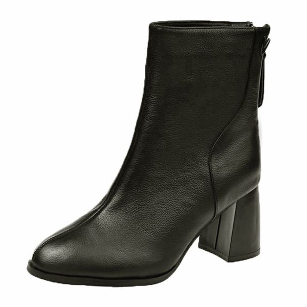 

short boots women 2019 autumn new thick heel zipper high heels waterproof non-slip pu shoes female, Black
