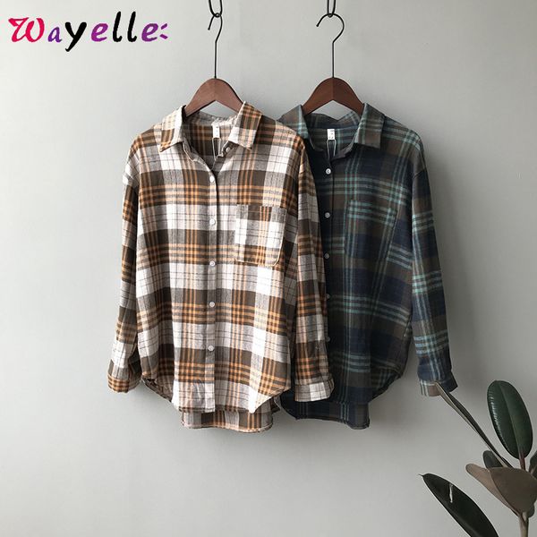 

женские рубашки и блузки 2019 осень новая мода старинные клетчатые рубашки женщины свободные корейский шик с длинным рукавом женские топы, White