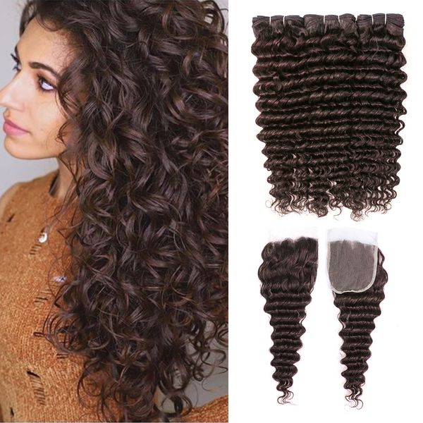 

8a brazilian virgin hair deep curly wave bundles with closure #2 dark brown 3 bundles with 4x4 lace closure remy human hair extensions, Black;brown