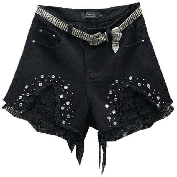 

rhinestone beaded lace hole burrs high waist denim shorts women 2019 summer loose jeans shorts, White;black